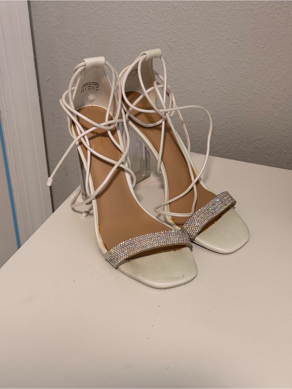 Aldo White Lace-Up Heels with Crystal Strap